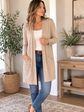 Cyrus Long Open Front Cardigan Small Beige Duster Pocket Button Cuff